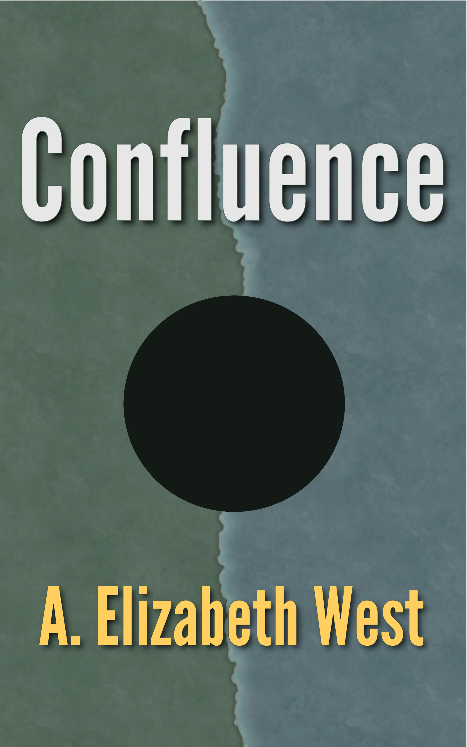 Confluence book cover, background in green and blue with a large black hole in the center, bisected by a glowing line. Title in large white font above the hole and author name below in light yellow font.