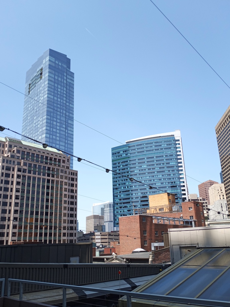View from a rooftop of two very tall blue skyscrapers against a blue sky, with smaller brown buildings in front and a skylight in the foreground.  