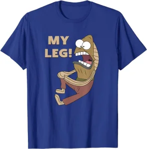 A blue t-shirt depicting a running gag from the SpongeBob SquarePants cartoon, where a fish grabs his knee and screams "My leg!" 